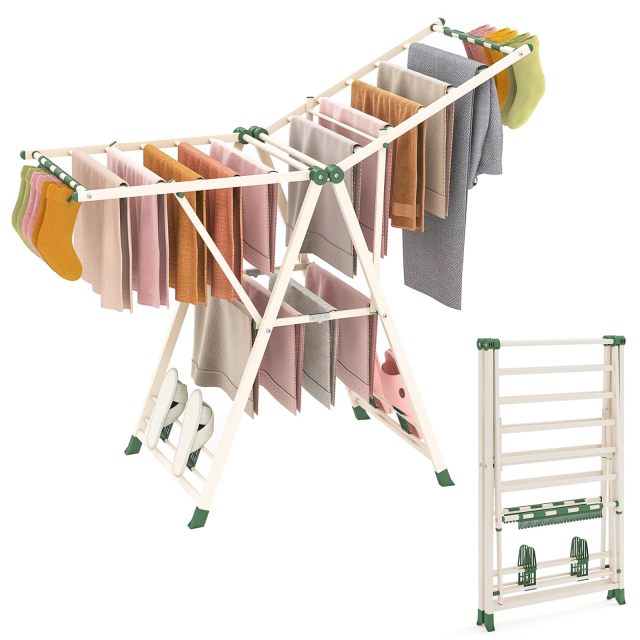 Foldable 2-Level Laundry Drying Rack with Adjustable Wings & 16 Drying Rails