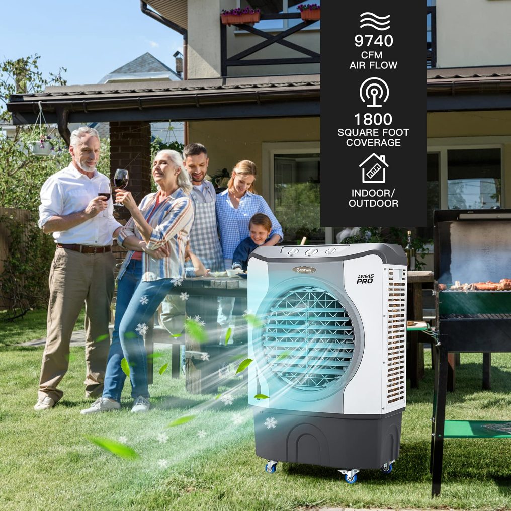 Evaporative Air Cooler, 4-in-1 9740 CFM Swamp Cooler with 100°Oscillation, 210W Cooling Fan