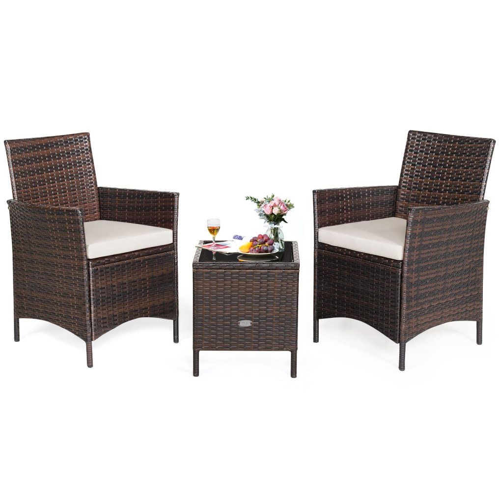 3 Pieces Patio Rattan Furniture Set with Tempered Glass Tabletop