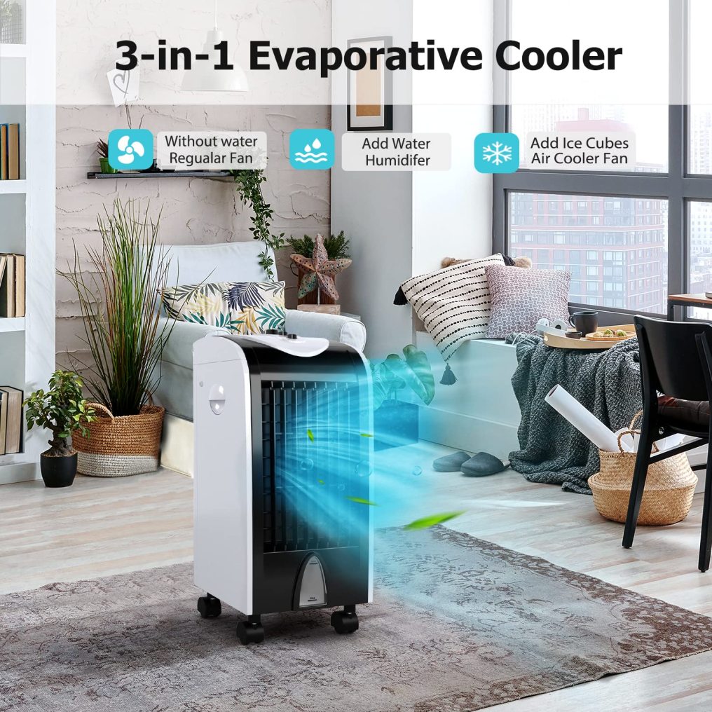 ARLIME Evaporative Air Cooler, Windowless Swamp Cooler Fan & Humidifier with 3 Modes, 3 Speeds, 2 Ice Boxes