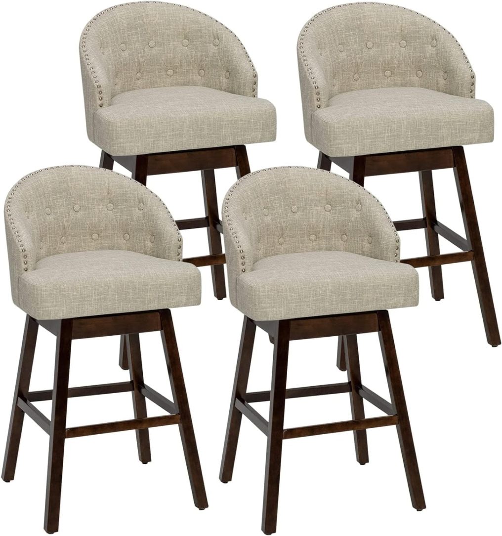31" Bar Stools Set of 2 Swivel Bar Stools with Rubber Wood Legs & Padded Back