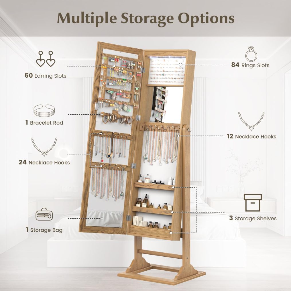6 LED Mirror Jewelry Cabinet Freestanding Jewelry Organizer Box