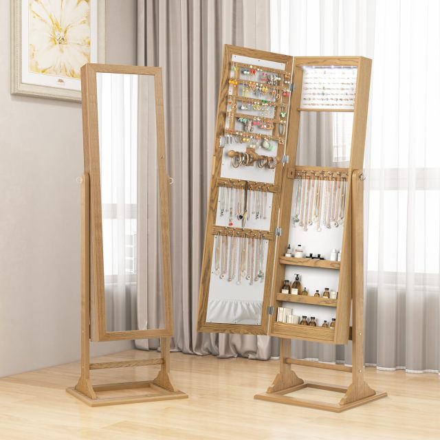 6 LED Mirror Jewelry Cabinet Freestanding Jewelry Organizer Box