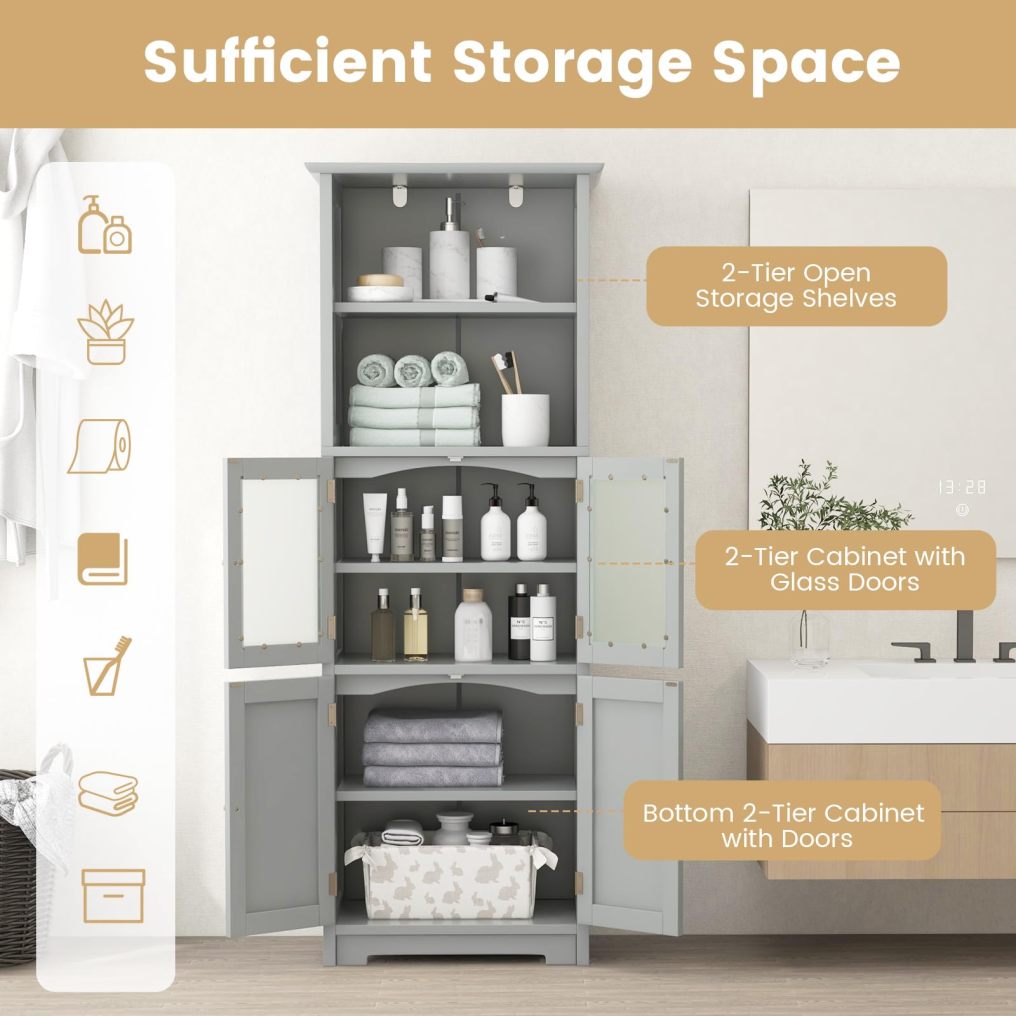 Tall Bathroom Storage Cabinet Freestanding Kitchen Pantry Cabinet with Glass Doors and Adjustable Shelf