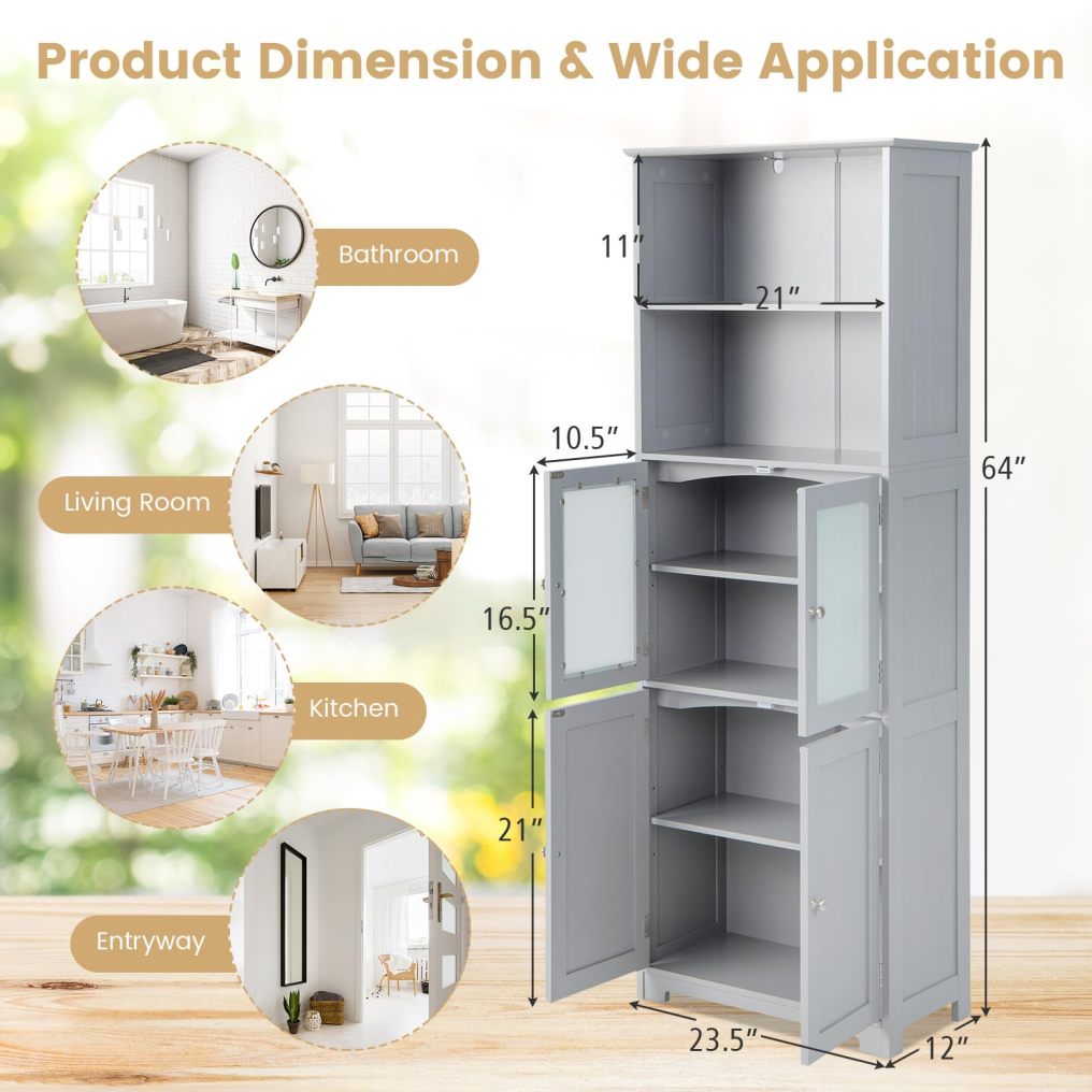 Tall Bathroom Storage Cabinet Freestanding Kitchen Pantry Cabinet with Glass Doors and Adjustable Shelf
