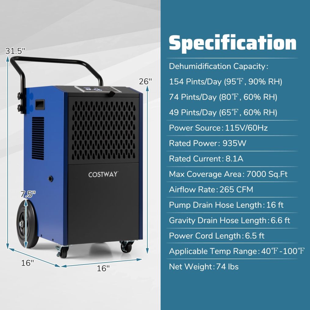 154 Pints Commercial Dehumidifier with Pump with Drain Hoses for Basements