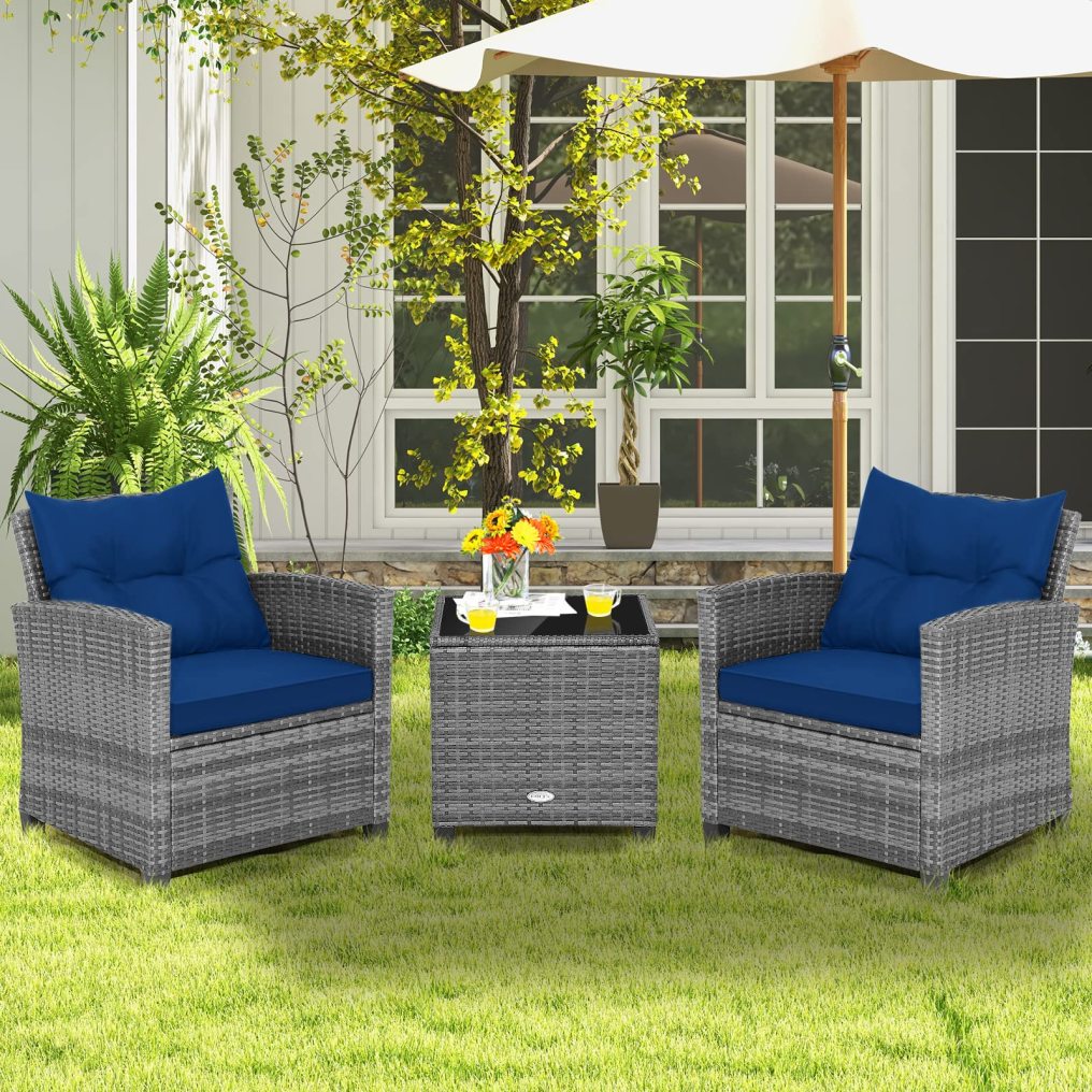 3 Piece Patio Furniture Set with Cushions for Poolside Backyard Balcony