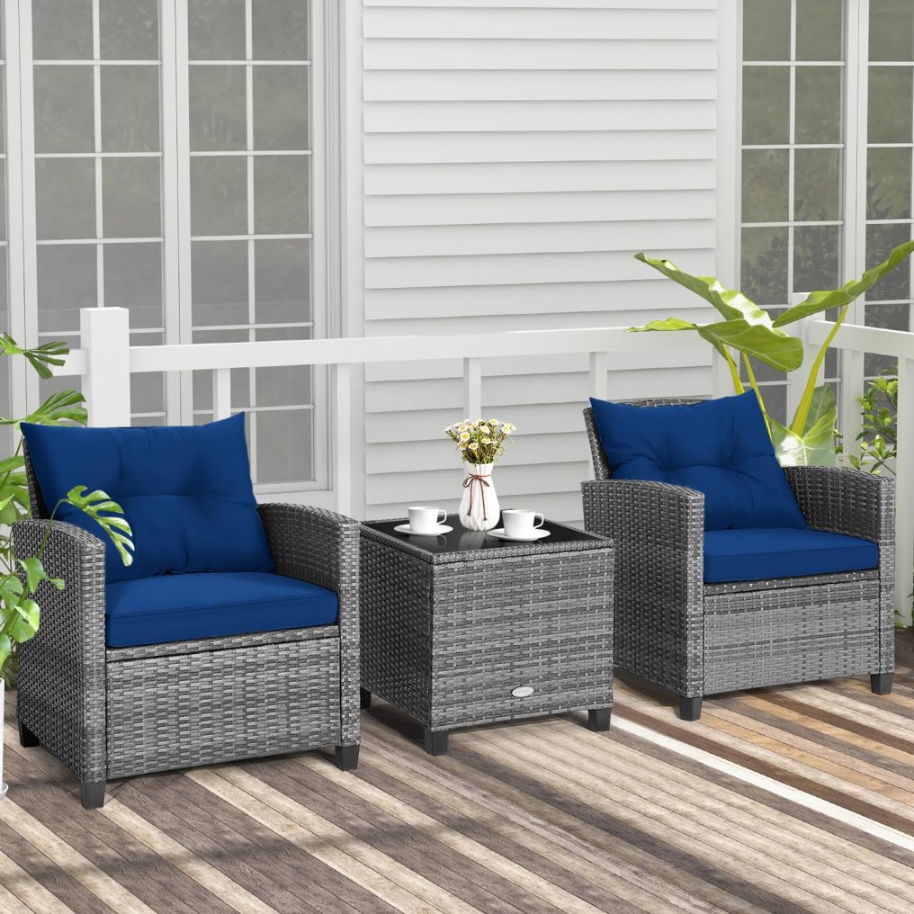 3 Piece Patio Furniture Set with Cushions for Poolside Backyard Balcony