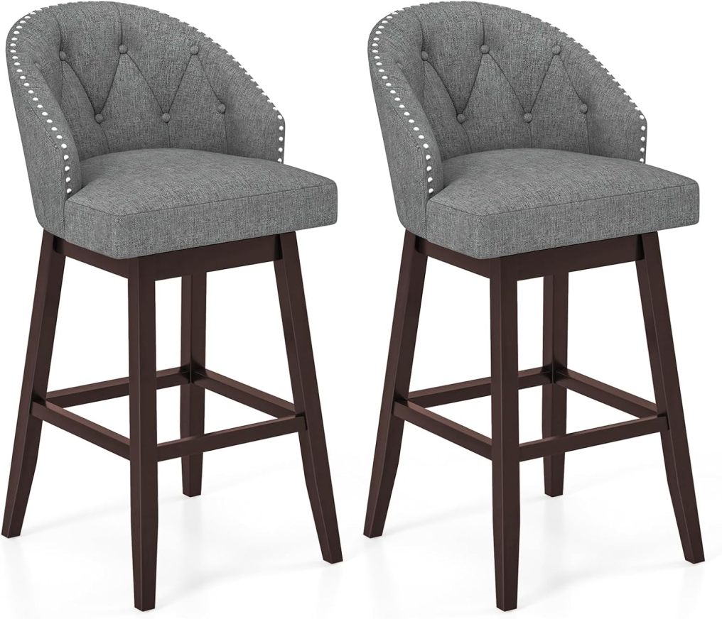31" Bar Stools Set of 2 Swivel Bar Stools with Rubber Wood Legs & Padded Back