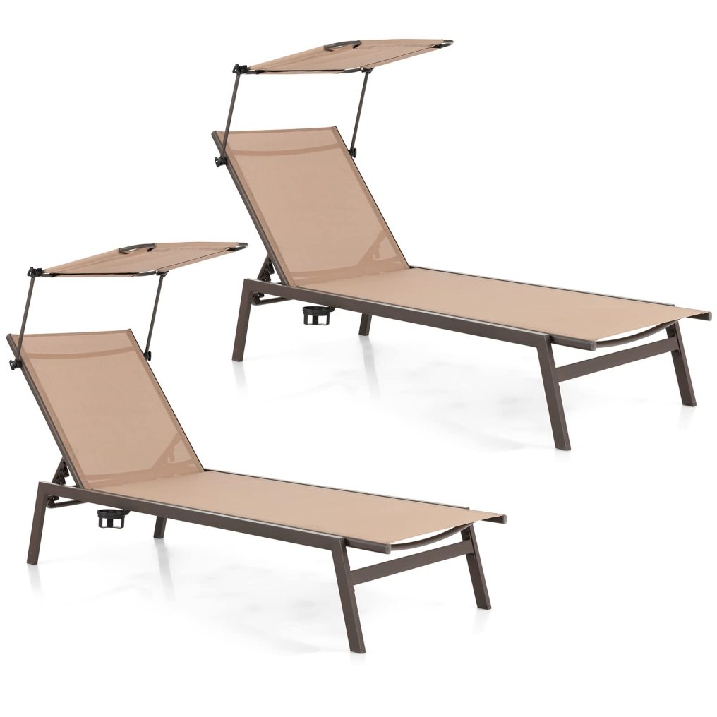 Outdoor Chaise Lounge Chair with Sunshade 6-Level Adjustable Recliner Backyard