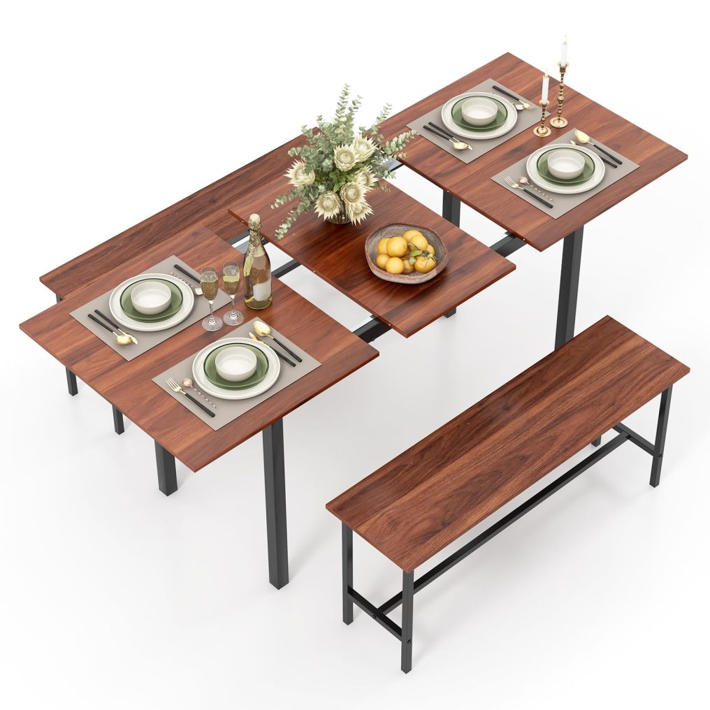 63” Extendable Kitchen Table Set with 2 Benches for Small Space