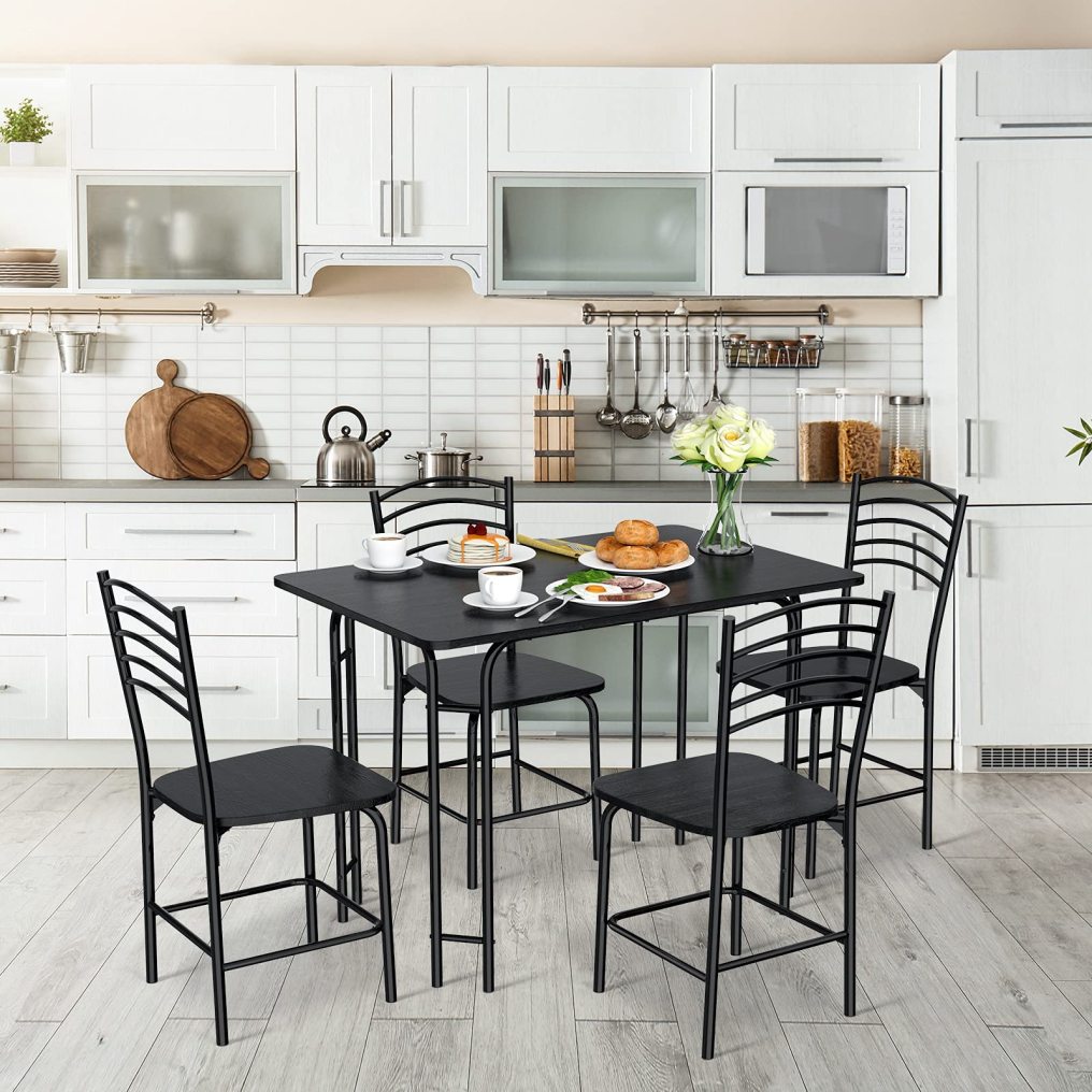 5 Piece Dining Set Home Kitchen Table and 4 Chairs with Metal Legs Modern Black
