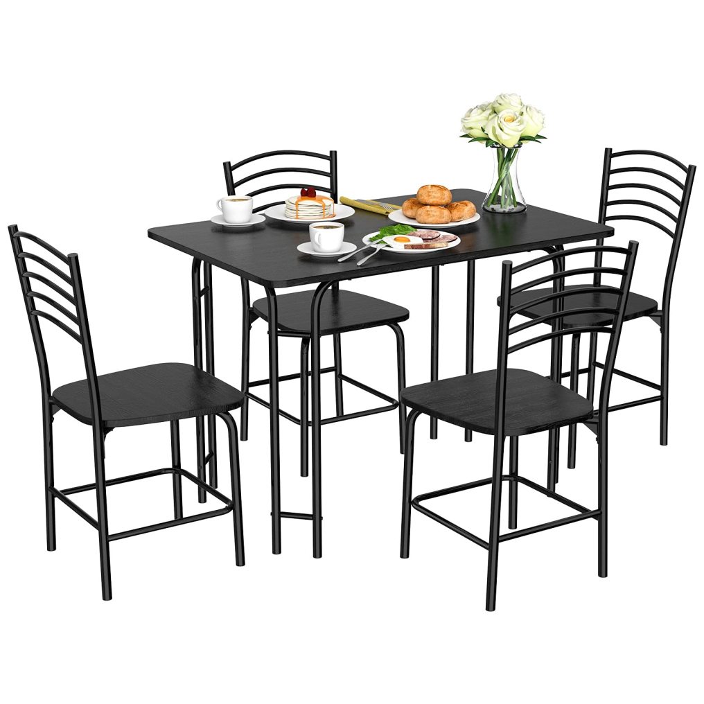 5 Piece Dining Set Home Kitchen Table and 4 Chairs with Metal Legs Modern Black