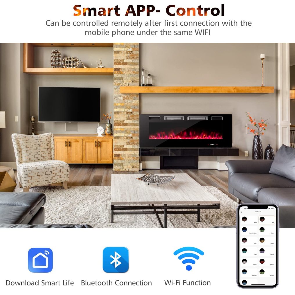 50-Inch Wide Electric Fireplace 3.19-Inch Deep Ultra-Thin Wall-Mounted and Recessed Fireplace Heater