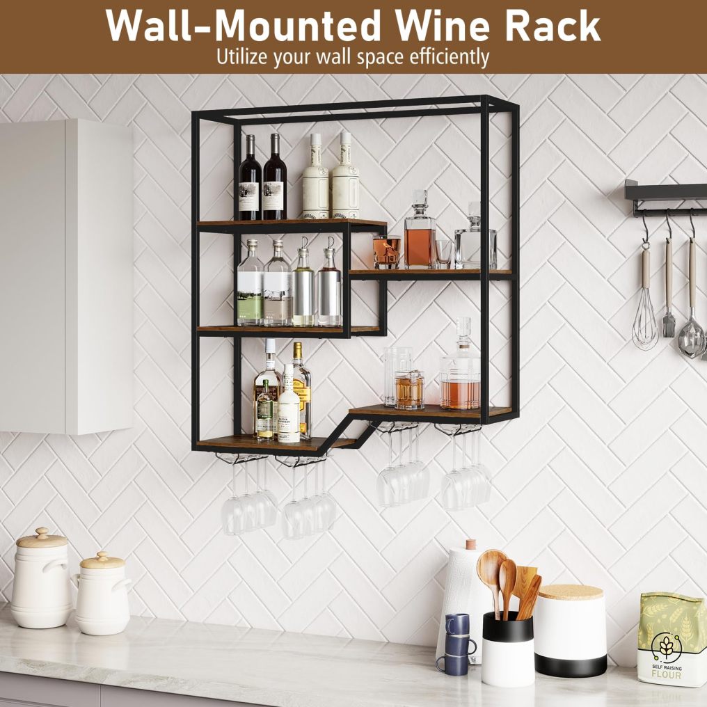 Wine Rack Wall Mounted with 4 Wine Glass Holders & Sturdy Metal Frame