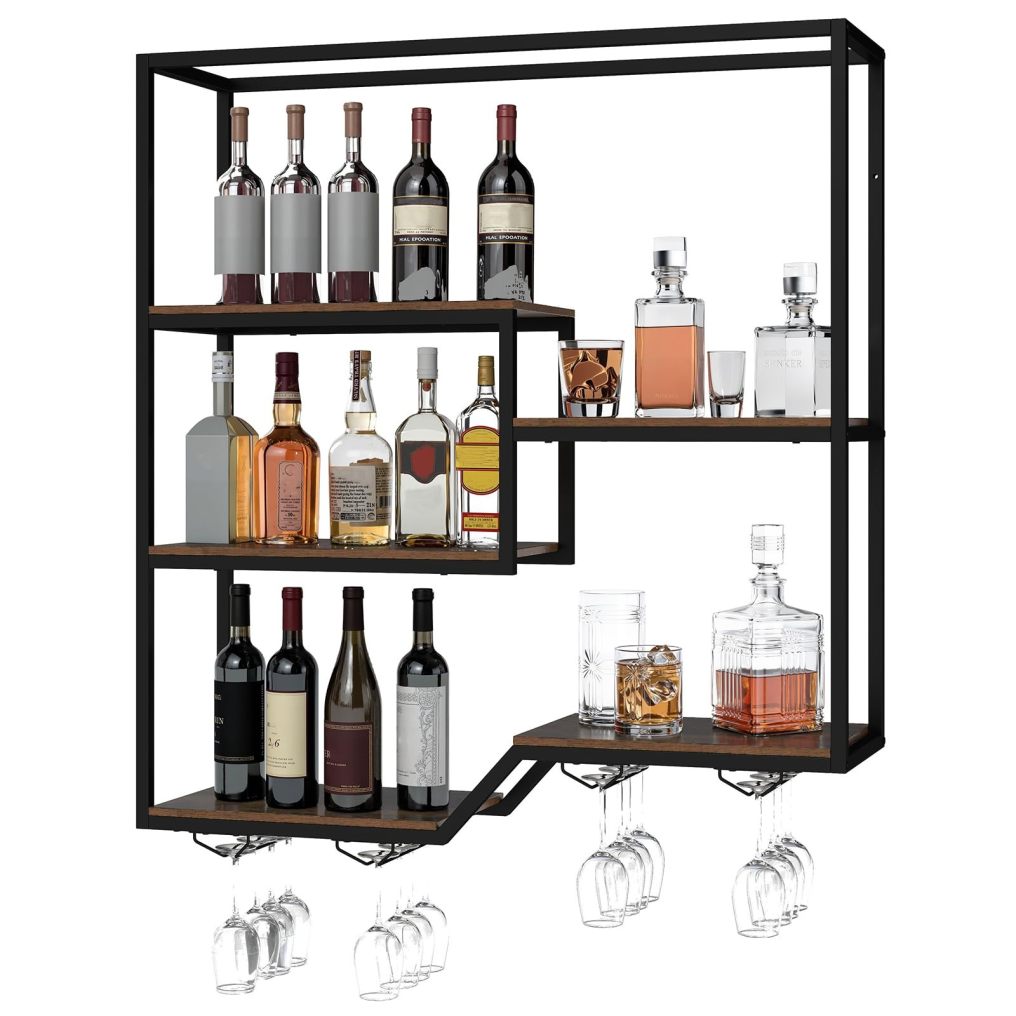 Wine Rack Wall Mounted with 4 Wine Glass Holders & Sturdy Metal Frame