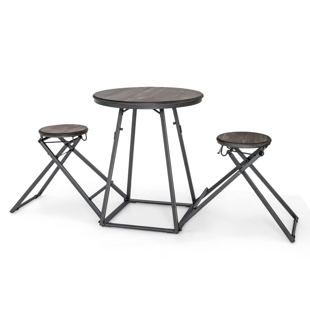 Bar Table and Stools Set of 3 Round Pub Bistro Table with 2 Foldable Stools