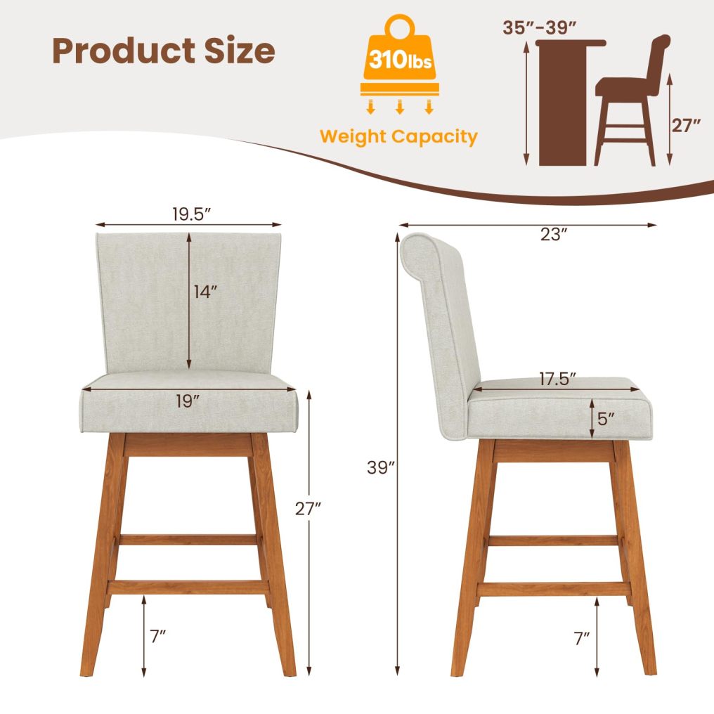 Swivel Bar Stools 27" Counter Height Bar Chairs with Rubber Wood Legs