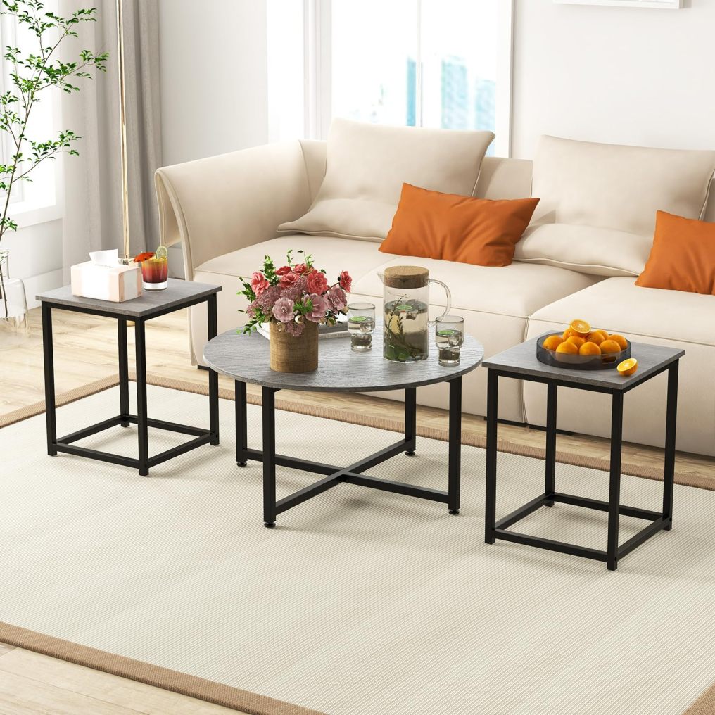 Coffee Table Set of 3 Wood Grain Round Coffee Table
