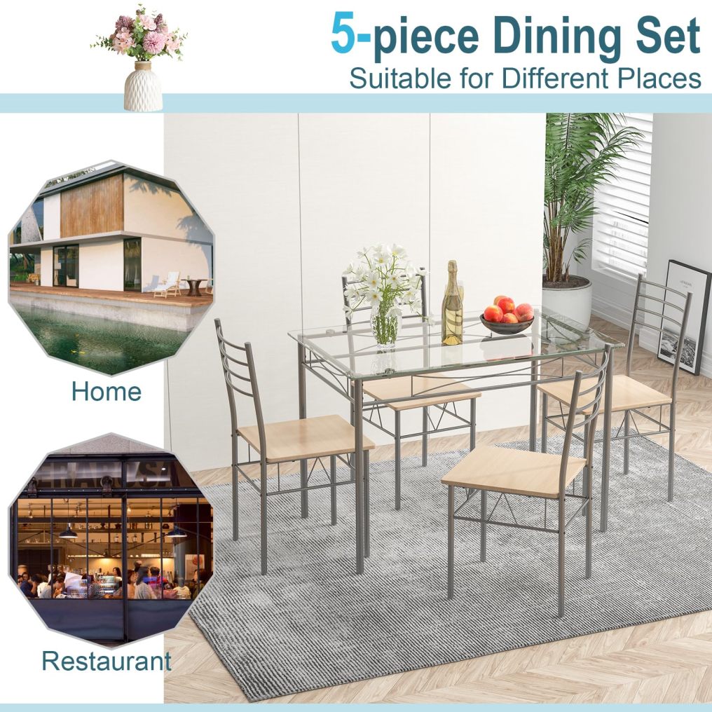 Kitchen Dining Set with Tempered Glass Table Top and 4 Chairs