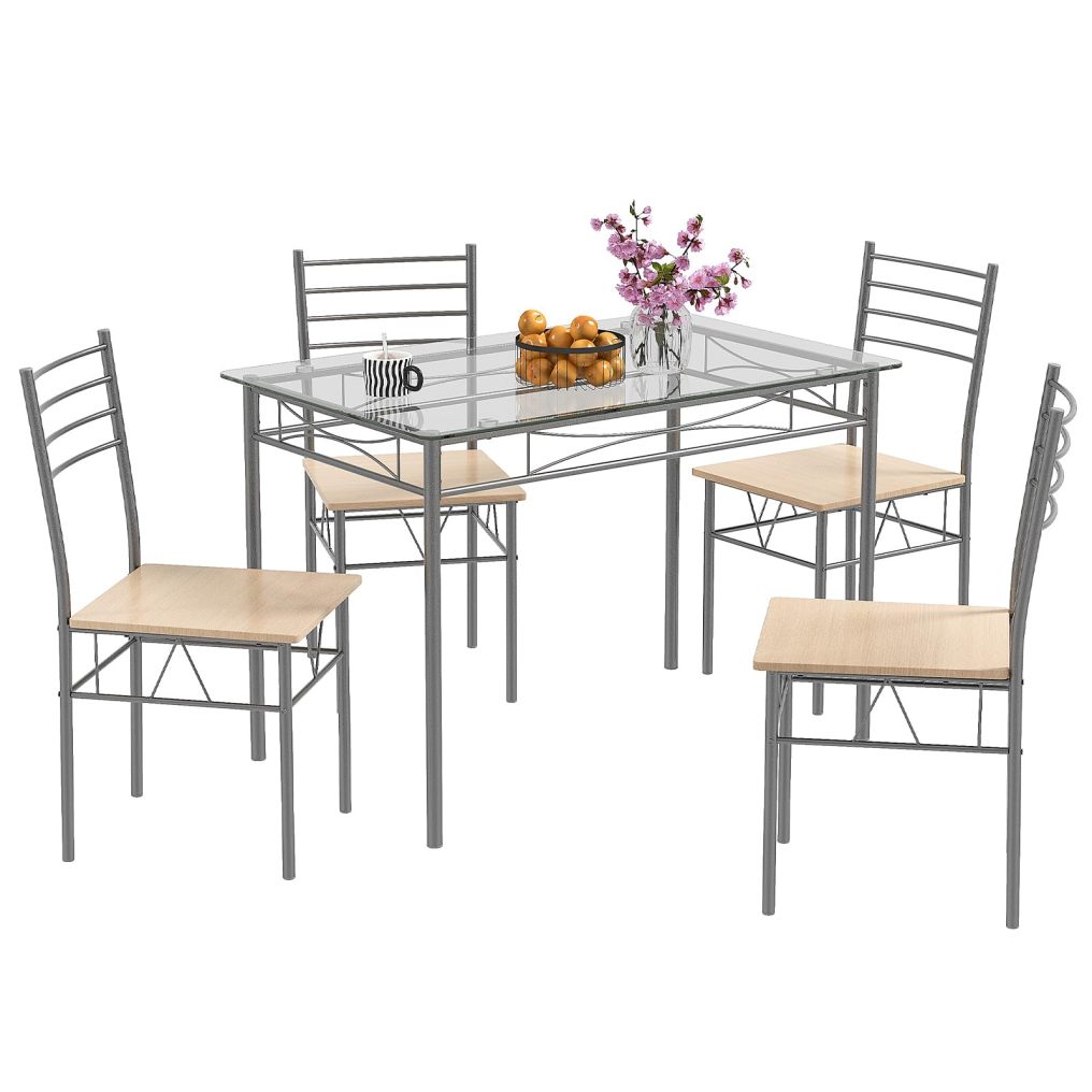 Kitchen Dining Set with Tempered Glass Table Top and 4 Chairs