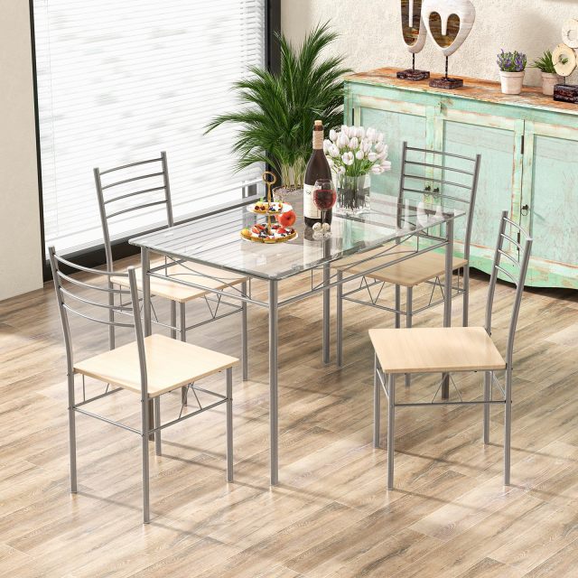 Kitchen Dining Set with Tempered Glass Table Top and 4 Chairs