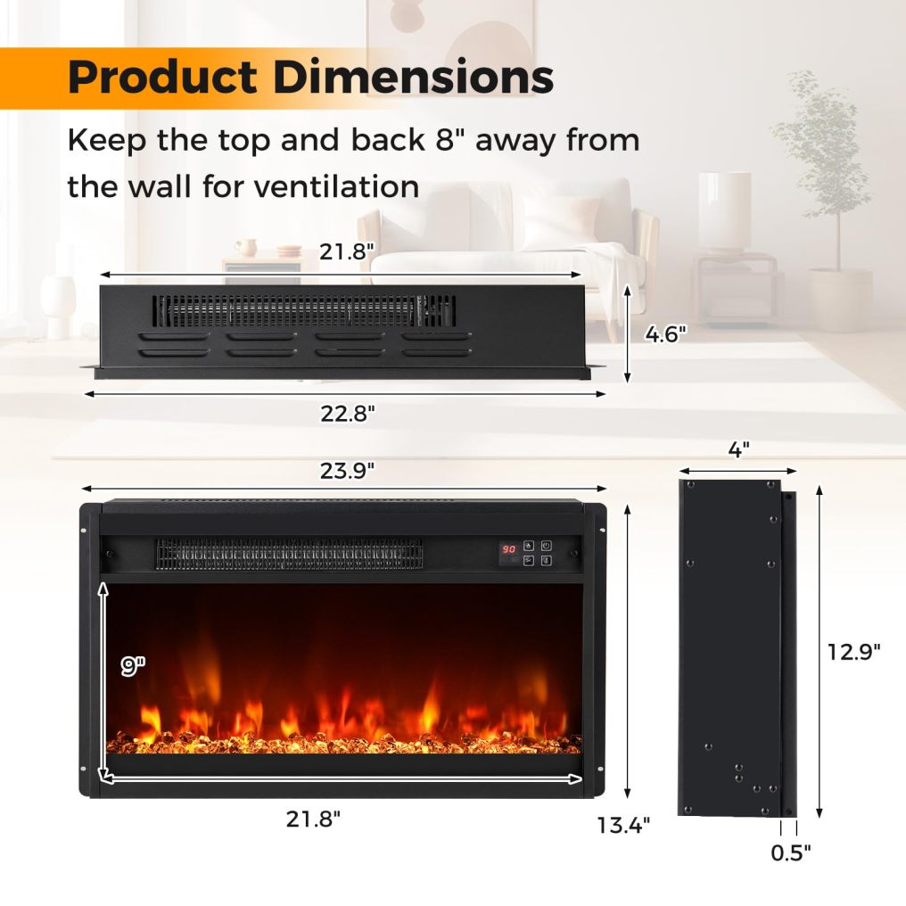 23 Inch Recessed Fireplace Heater, Electric Fireplace Insert w/Multi-Color Flame & Crystal Ember Bed