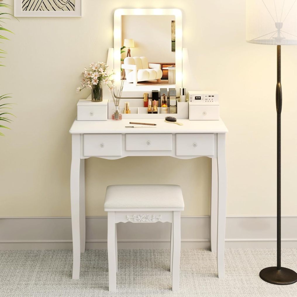 Vanity Desk with Lights Makeup Table with 3 Modes Adjustable Lighted LED Mirror & Cushioned Stool
