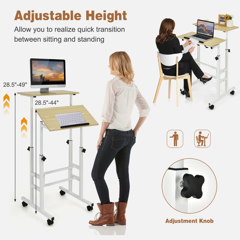 Height Adjustable Rolling Laptop Cart w/Tilting Desktop for Standing or Sitting