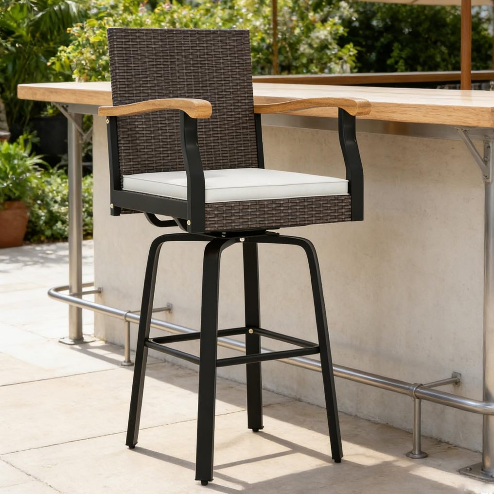 29'' Swivel Rattan Wicker High Top Chairs with Acacia Wood Armrest