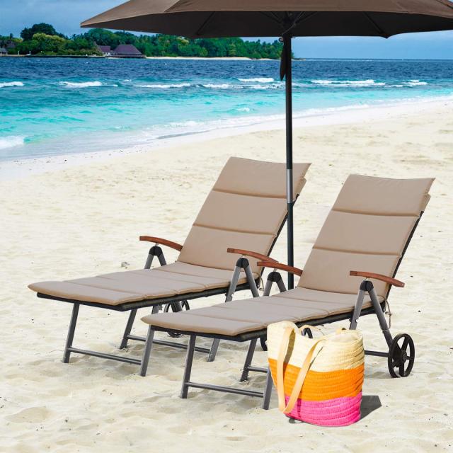 Folding Rattan Lounge with Wheels Aluminum Patio Lounger with 7 Adjustable Positions