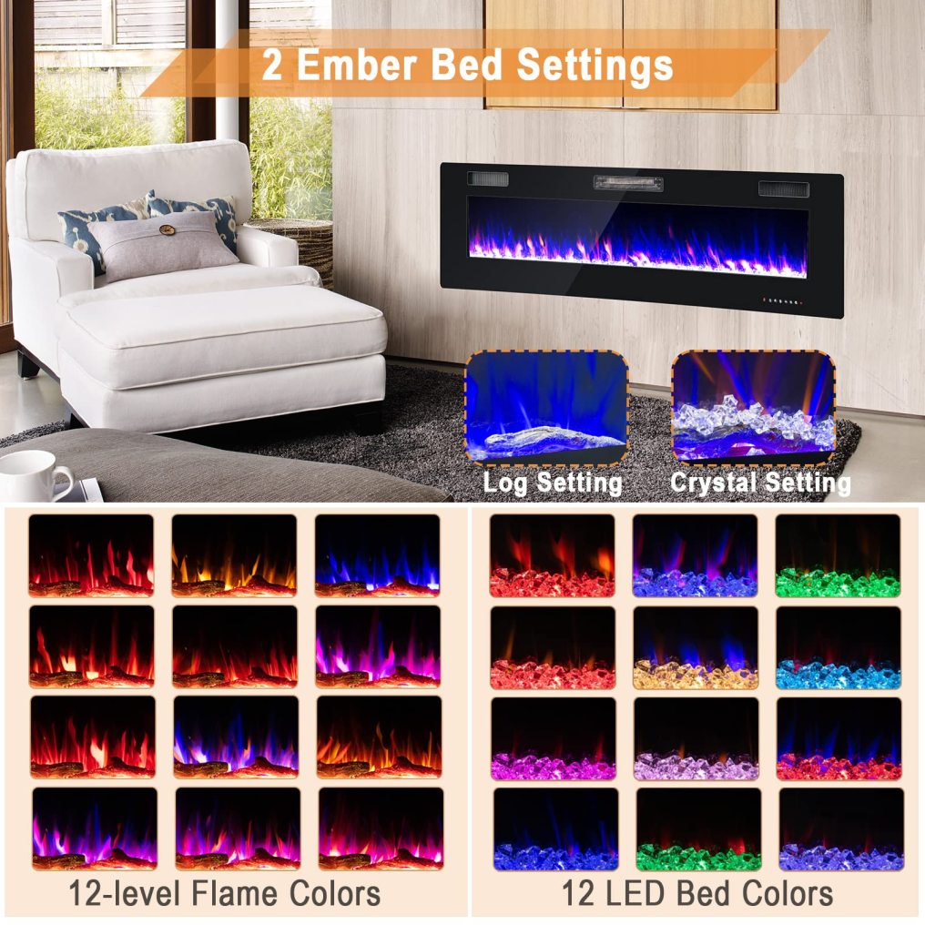 ARLIME 60 Inches Ultra-Thin Electric Fireplace 750W/1500W Recessed & Wall Mounted