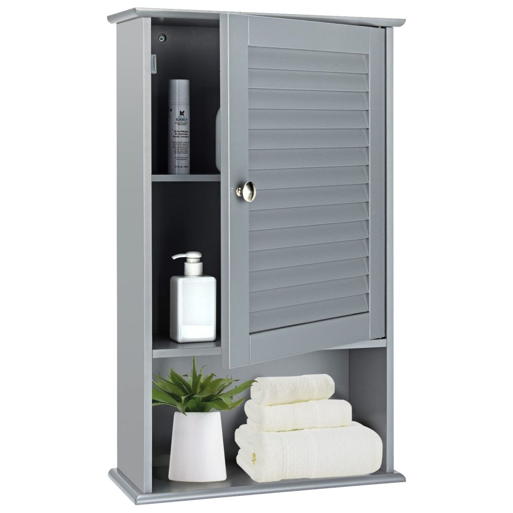 Bathroom Wall Cabinet Large Capacity Storage Cupboard Cabinet w/Single Louver Door & Height Adjustable Shelf