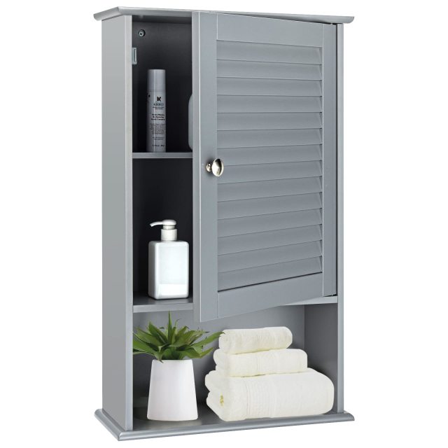 Bathroom Wall Cabinet Large Capacity Storage Cupboard Cabinet w/Single Louver Door & Height Adjustable Shelf
