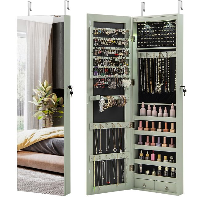 Wall Door Mounted Jewelry Organizer w/Full-length Mirror and 2 LED Lights