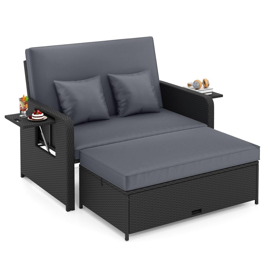 Patio Rattan Daybed with Cushions | Outdoor Wicker Loveseat Sofa with Storage Ottoman