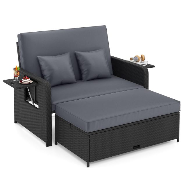 Patio Rattan Daybed with Cushions | Outdoor Wicker Loveseat Sofa with Storage Ottoman