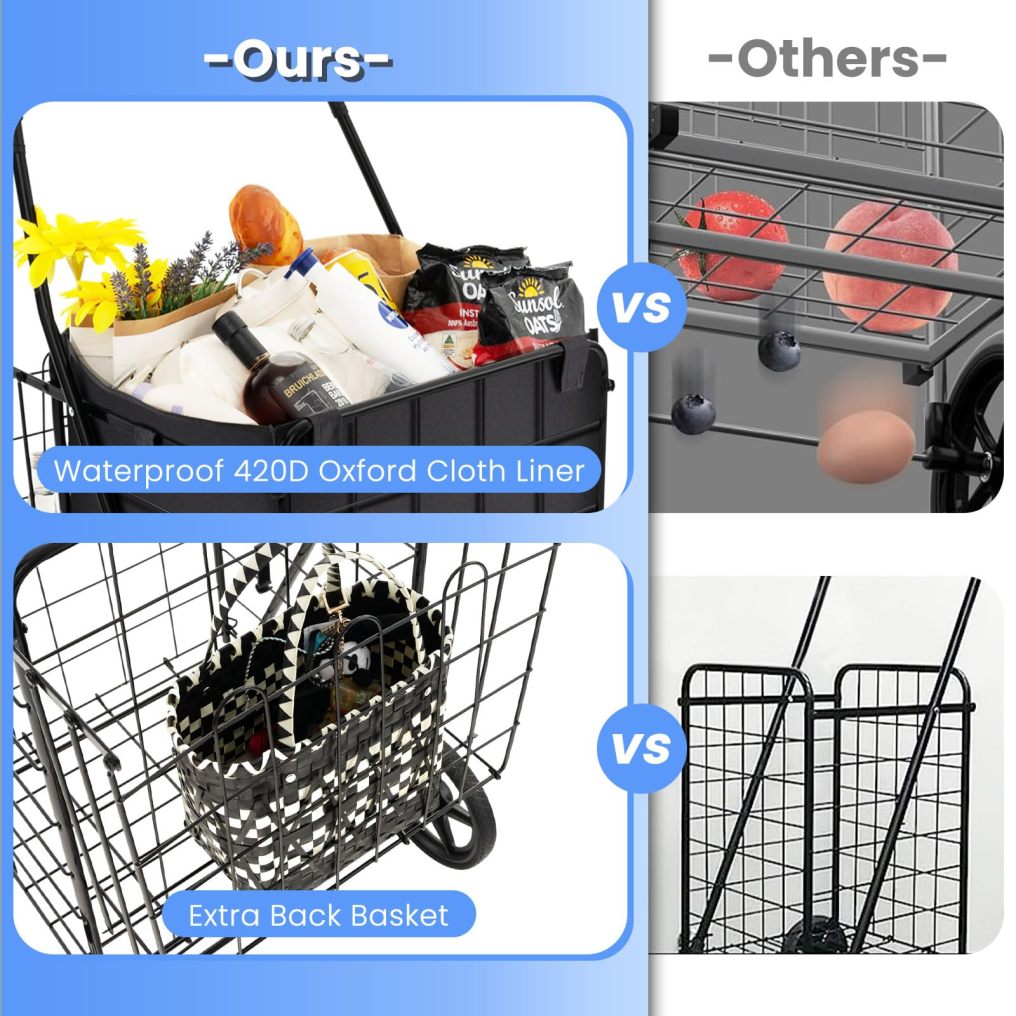 Folding Shopping Cart Metal Grocery Cart with Extra Basket 360° Swiveling Front Wheels & Comfortable Handle