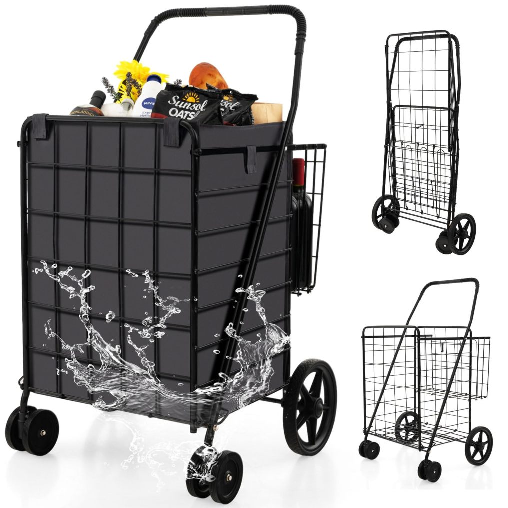 Folding Shopping Cart Metal Grocery Cart with Extra Basket 360° Swiveling Front Wheels & Comfortable Handle