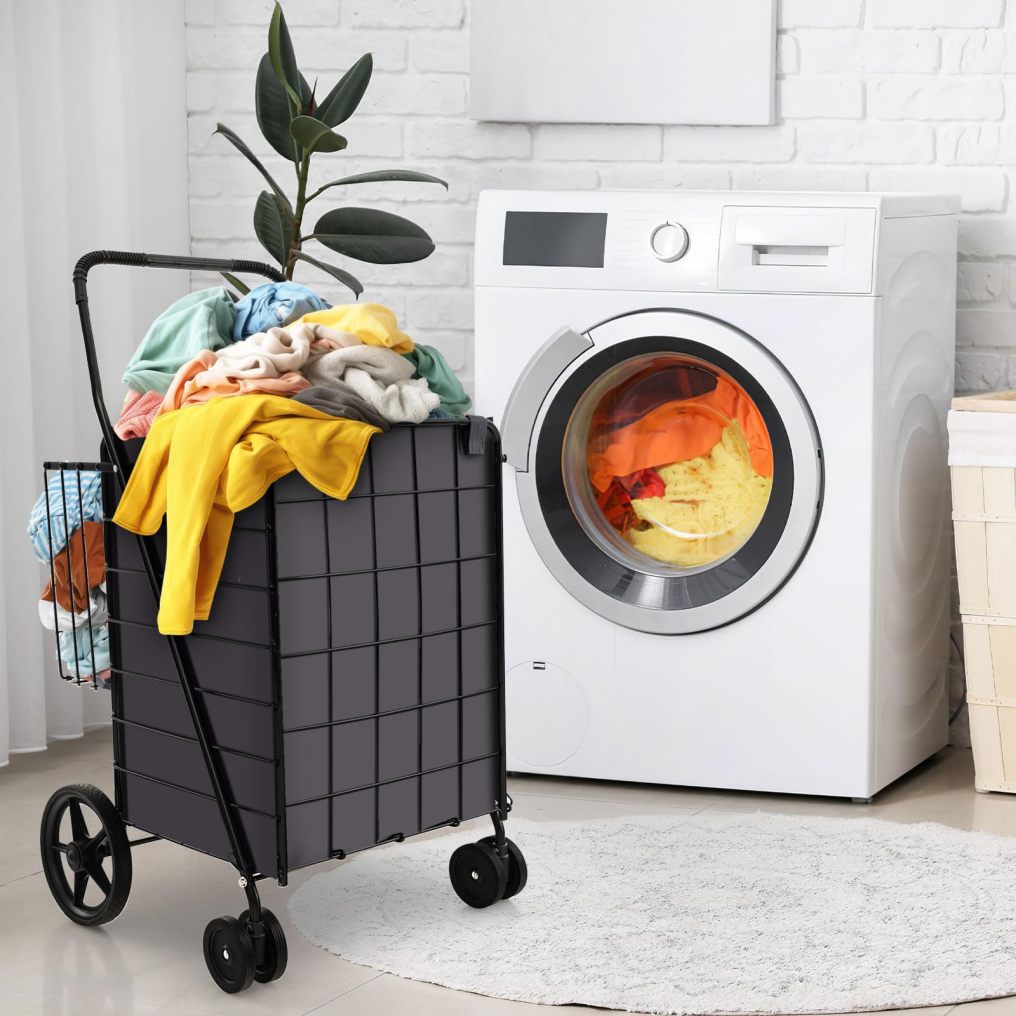 Folding Shopping Cart Metal Grocery Cart with Extra Basket 360° Swiveling Front Wheels & Comfortable Handle