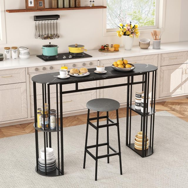 60-Inch Long Pub Rectangular High Top Pub Table with 4 Storage Shelves and Faux Marble Tabletop