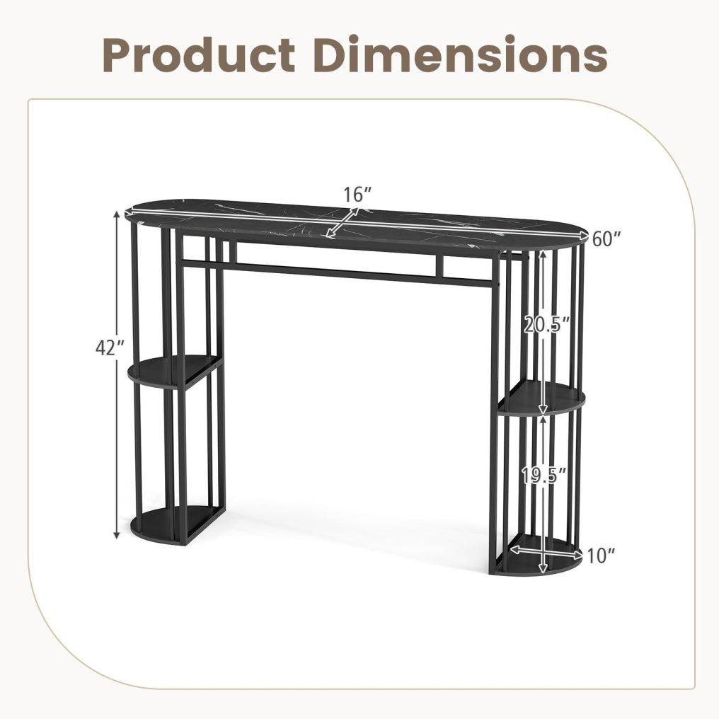 60-Inch Long Pub Rectangular High Top Pub Table with 4 Storage Shelves and Faux Marble Tabletop