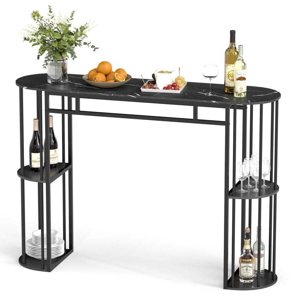 60-Inch Long Pub Rectangular High Top Pub Table with 4 Storage Shelves and Faux Marble Tabletop
