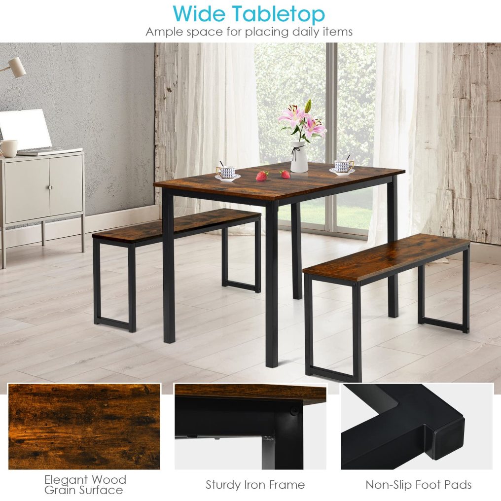 3 PCS Dining Table Set for 4 with 2 Benches for Dining Room