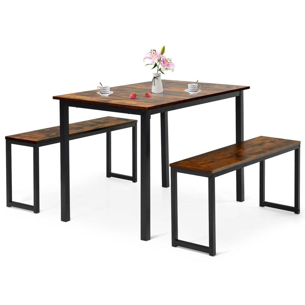 3 PCS Dining Table Set for 4 with 2 Benches for Dining Room