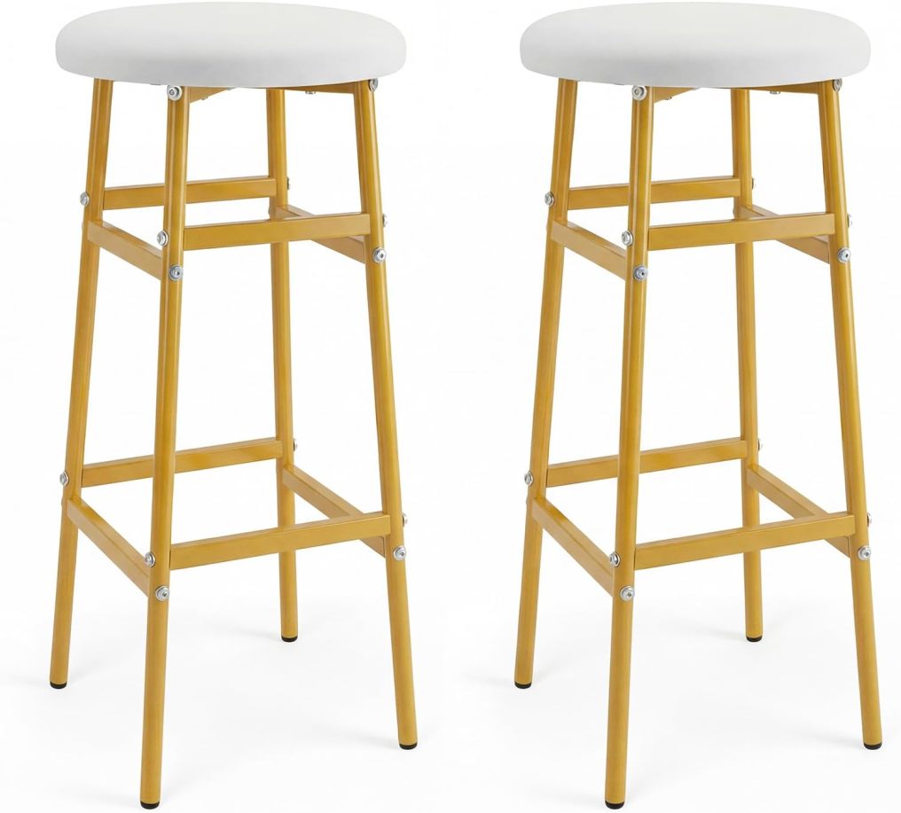 29-inch Metal Round Bar Stools Set of 2/4 Upholstered Backless with Linen Seat