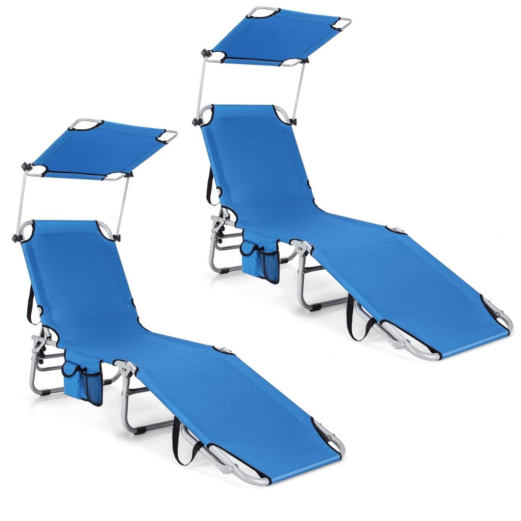 Beach Foldable Chaise Lounge with Canopy Adjustable Backrest & Side Pocket