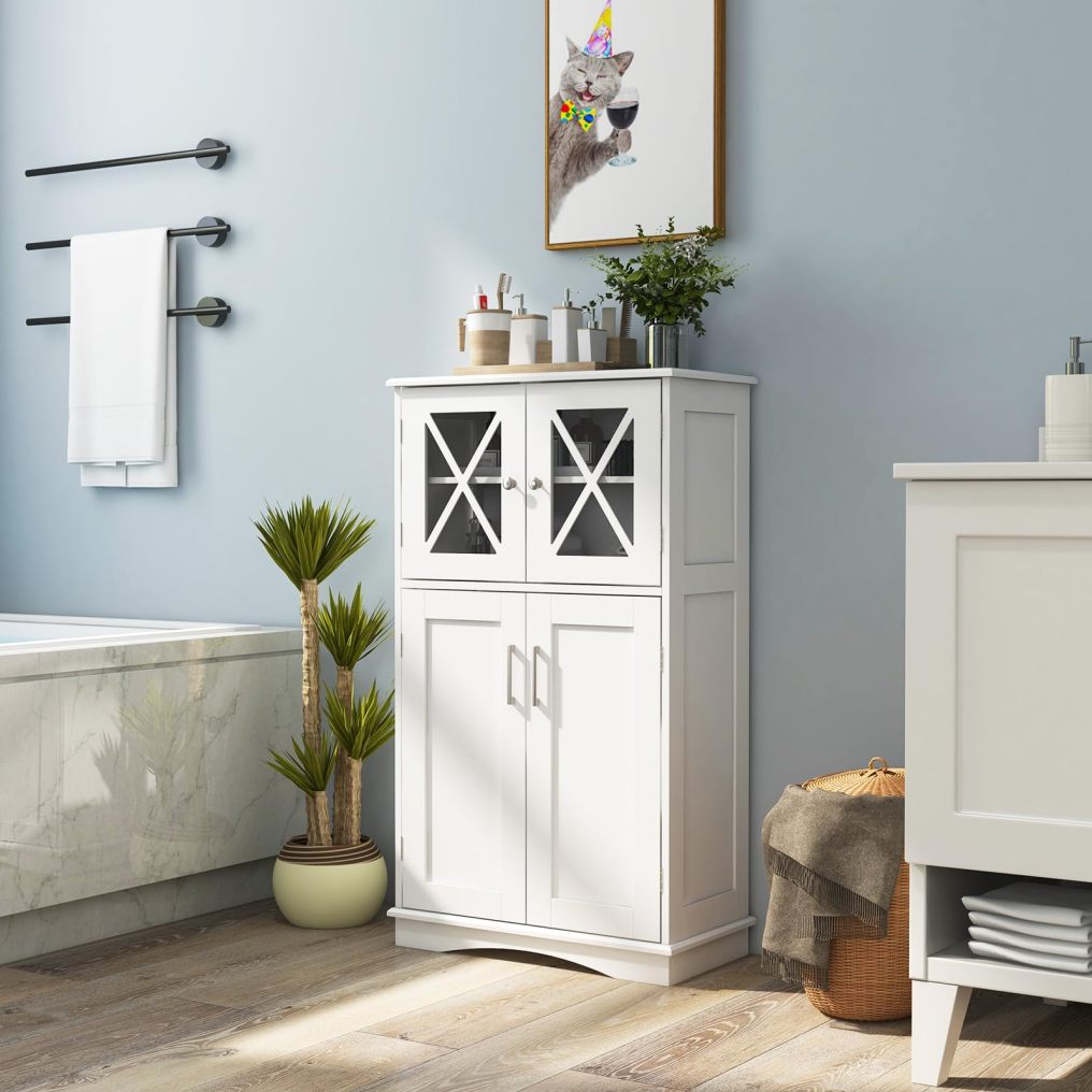 Bathroom Storage Cabinet Freestanding Floor Cabinet w/ 4 Doors & 3 Adjustable Shelves
