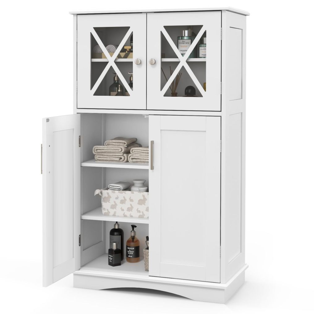 Bathroom Storage Cabinet Freestanding Floor Cabinet w/ 4 Doors & 3 Adjustable Shelves