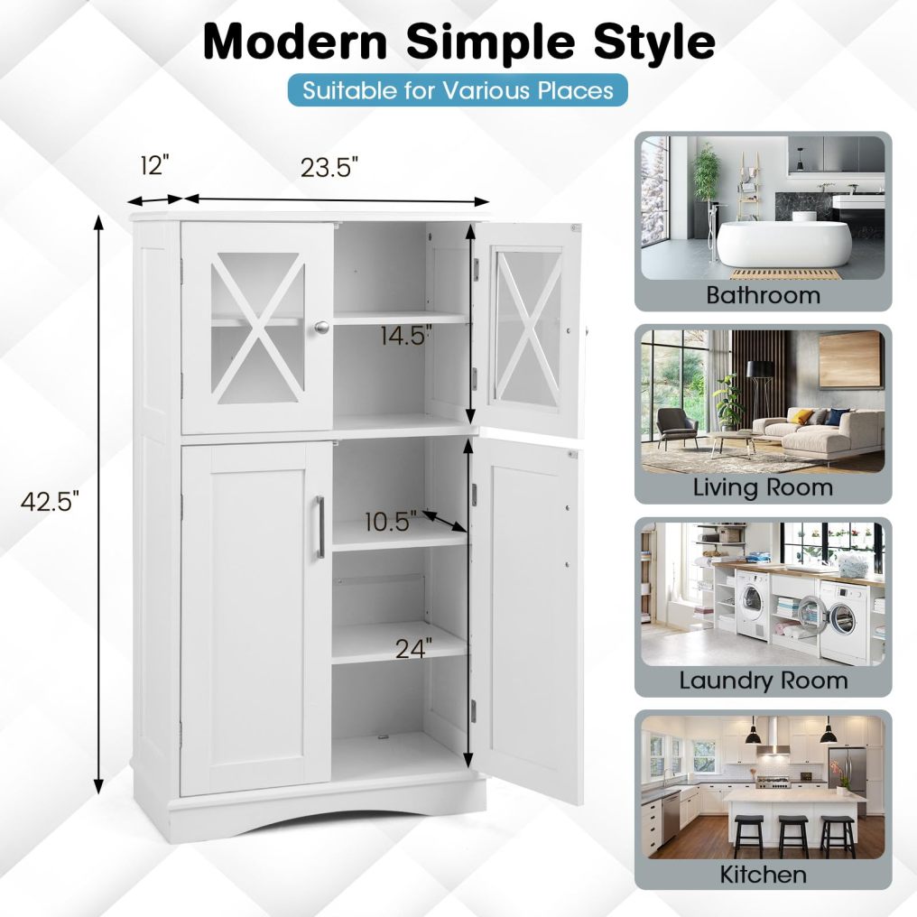 Bathroom Storage Cabinet Freestanding Floor Cabinet w/ 4 Doors & 3 Adjustable Shelves